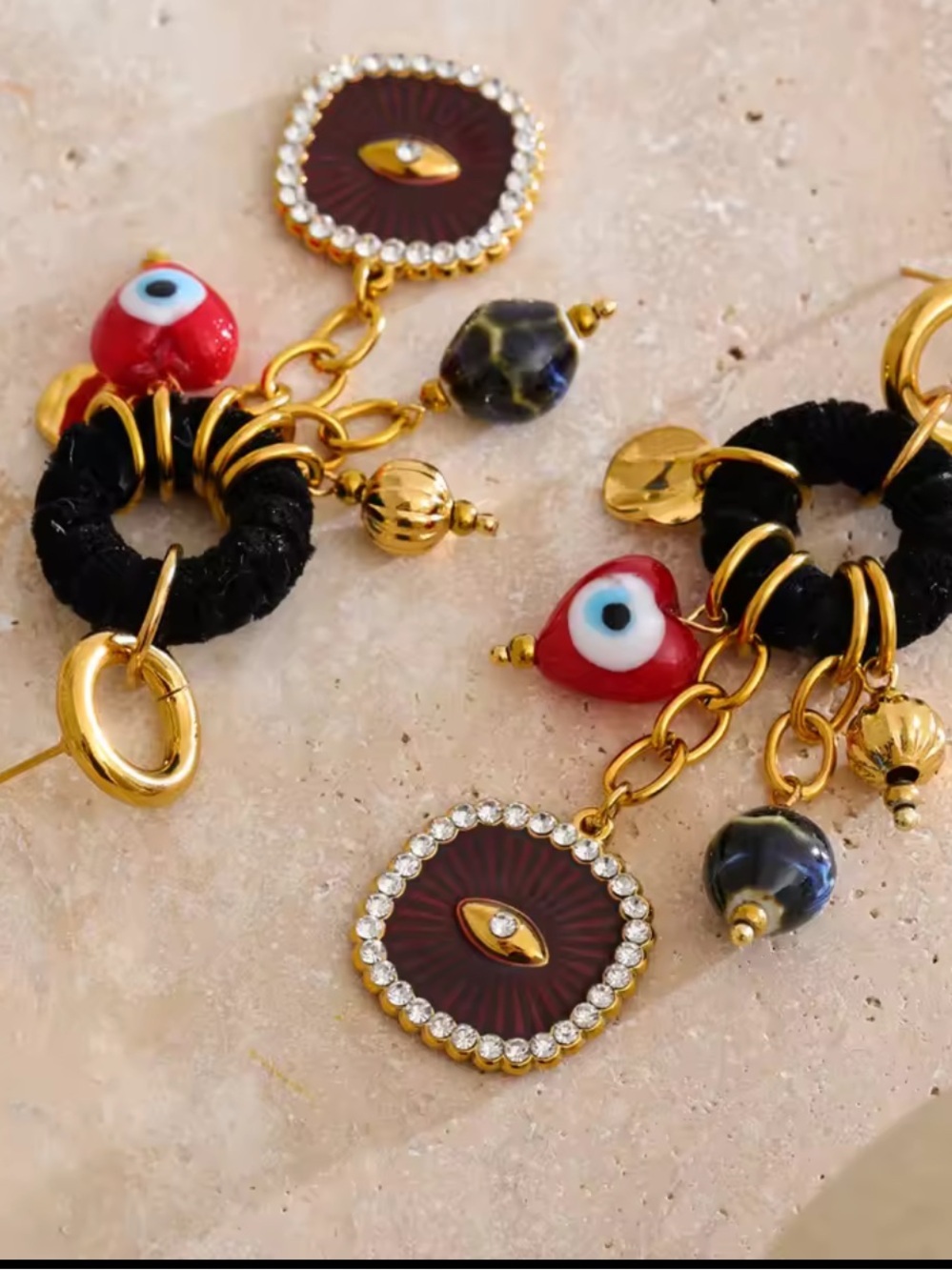 Evil Eye Charm Statement Earrings – Gold Tone Boho Earrings - Picture 7 of 9